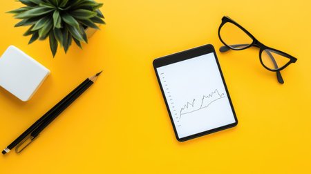 A workspace with a tablet displaying stock performance charts, leaving space to insert text about market analysis, business forecasting, or economic trendsの素材