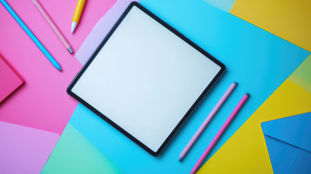 Clean digital mockup setup with white screen tablet and stylus on pastel surface, perfect for copy useの素材