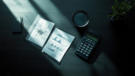 A top view of a modern desk with financial charts and a calculator, leaving room for text about business finance solutions, expense management, or financial goalsの素材