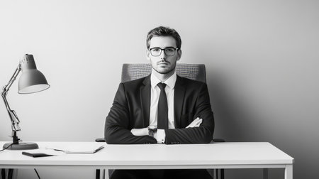 Contemporary office corner with ergonomic chair, clean desk, modern lamp, and large blank wall for text placement, soft neutral tonesの素材