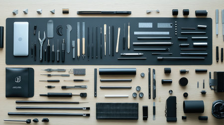 Contemporary work table with minimal tools, digital devices, and neutral wall for brandingの素材