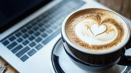 Close-up of an open laptop with a blank screen and a cup of coffee on a clean desk, ideal for e-learning copy spaceの素材