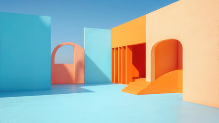 Contemporary workspace with pastel blue background, warm-toned desk setup, and empty wall for textの素材