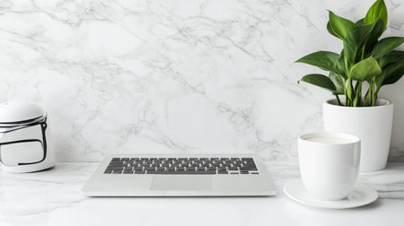 Close-up of a clean workspace with a digital shopping cart, leaving space for product descriptions or online store informationの素材