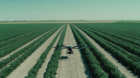 A drone hovering over a field with a large crop of tomatoes, providing insights into crop health, ample room for copy in the skyの素材