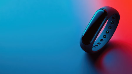 A close-up of a sleek fitness tracker on a solid color background, leaving plenty of space for text or logos.の素材