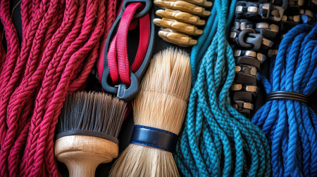 A close-up of pet supplies like collars, leashes, and grooming brushes, with plenty of space around them for text or logo placementの素材