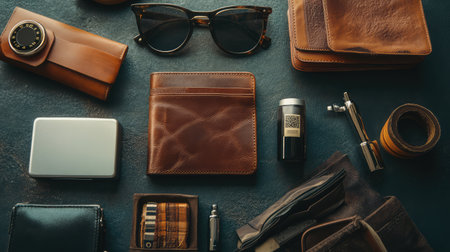 A selection of travel essentials like a wallet, travel-size toiletries, and a pair of sunglasses placed on a flat surface, clean background for textの素材