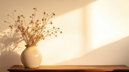 Cozy home decor with dried flowers in a ceramic vase on a wooden console, soft natural light, and blank wall space for copyの素材
