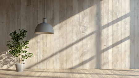 Natural wood surfaces with modern minimalist decor, light wall copy spaceの素材