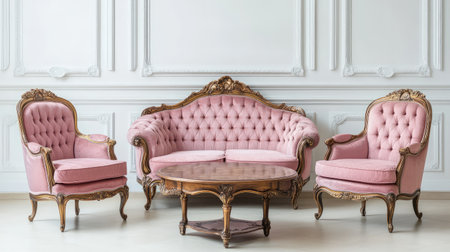 Classic vintage furniture set in a clean pastel room, copy space aboveの素材