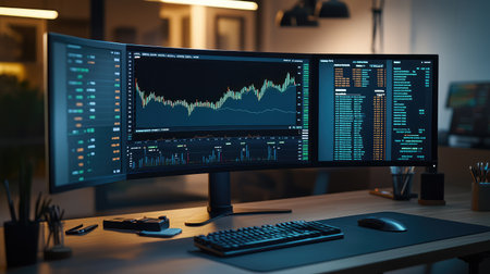 A clean desk setup with a digital screen showing financial market trends, offering space to add content about market performance, stock growth, or investment forecastsの素材