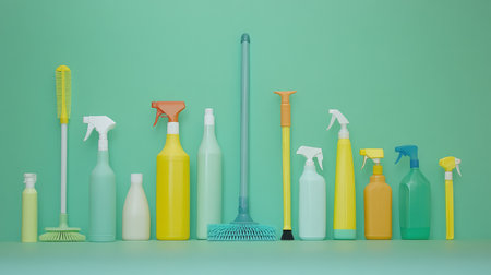 Bright cleaning tools like a mop and spray bottle arranged neatly with copy space available on the sideの素材