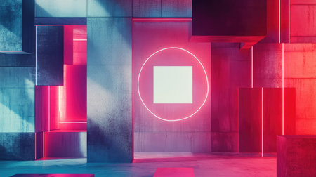 Abstract tech background with floating tablet, blank screen and neon accents for online interface conceptの素材