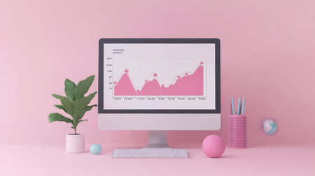 A desktop workspace with a financial report and upward financial graph, offering space for adding insights on financial growth or portfolio developmentの素材