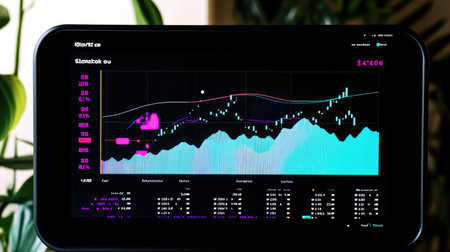 A close-up of a financial dashboard displaying stock price graphs, offering space for adding insights on stock analysis, price trends, or market shiftsの素材