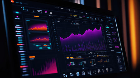 A close-up of a financial dashboard with market trend data and graphs showing both rises and dips, leaving room to add insights on economic trends, stock market analysis, or investment successの素材