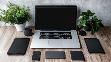 Clean digital workspace with laptop, smart devices, and bright blank screen ready for online useの素材