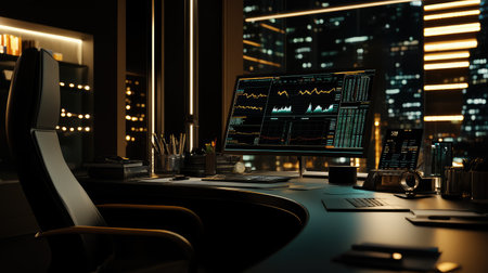 A modern desk setup with financial reports and market growth data, leaving room to add text about profit increases, investment strategies, or economic developmentの素材