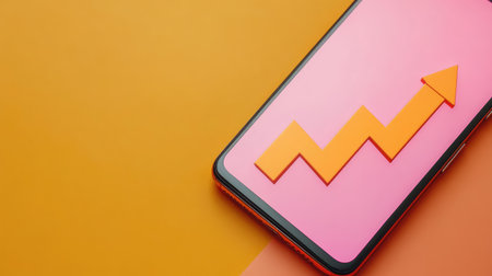 A top view of a smartphone displaying rising economic data, offering room for adding text about market improvement or growth strategiesの素材