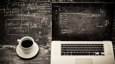 Close-up of an open laptop with a blank screen and a cup of coffee on a clean desk, ideal for e-learning copy spaceの素材