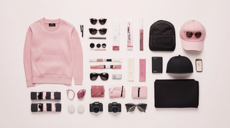 Flat lay of different e-commerce products, such as clothing and accessories, with clean background for text placementの素材