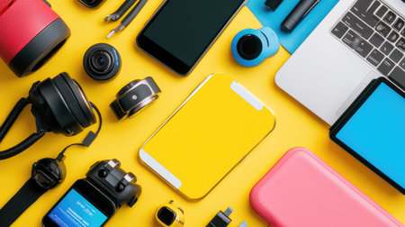 Flat lay of futuristic digital devices like smartphones and tablets, leaving space for technology branding and copyの素材