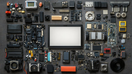 Flat lay with tech gadgets, office tools and laptop with blank screen, surrounded by clear copy spaceの素材