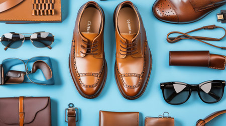 Flat lay of e-commerce retail items such as shoes and accessories, with ample blank space for product descriptions or adsの素材