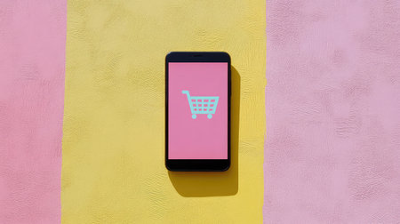 Flat lay of an empty shopping cart icon on a smartphone screen, perfect for online shopping content or product promotionsの素材