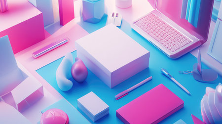 E-commerce workspace featuring a product box and accessories with room for copy space or promotional contentの素材