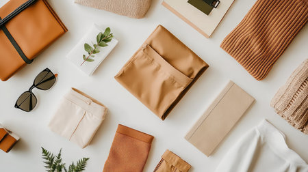 Flat lay of various products like clothes and accessories on a white surface with room for e-commerce copy and adsの素材