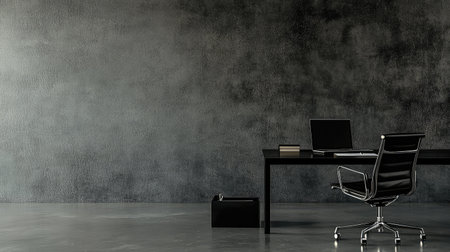 Minimal office interior with clean desk, closed laptop, clipboard, and simple decor in front of an empty gray wall backgroundの素材