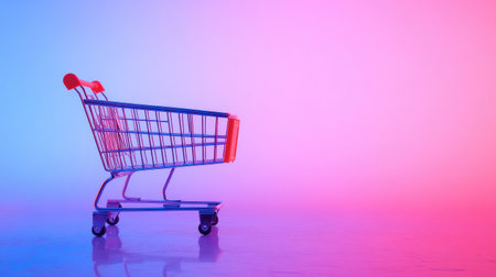 Minimalistic workspace with an empty shopping cart on a screen and room for product advertising or online shopping copyの素材