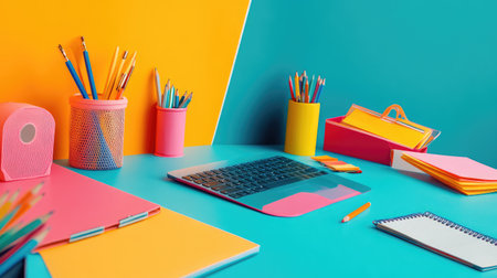Organized desk setup with laptop, notepad, and pencil holder on clean surface and copy space along the side wallの素材