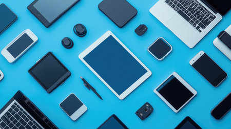 Top view of smart devices and tech accessories neatly arranged with center area left blank for online copyの素材
