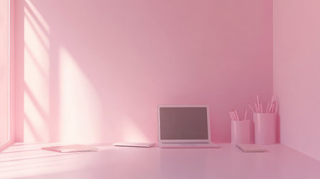 Organized desk setup with laptop, notepad, and pencil holder on clean surface and copy space along the side wallの素材