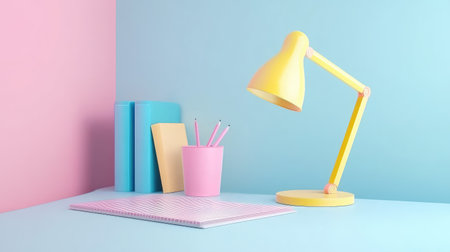 Trendy workspace with color accents, clean desk setup, inspirational decor, and empty background area for copy spaceの素材