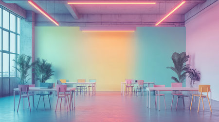 Organized shared office with overhead lighting, aligned desks, and soft pastel background for copyの素材