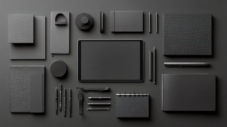 Top view of modern desk setup with tablet, notebook, pen holder, and empty space around for mockups or text insertionの素材