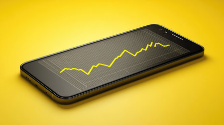 Stock market line graph on a smartphone screen, with blank space to add financial market news or trading updatesの素材