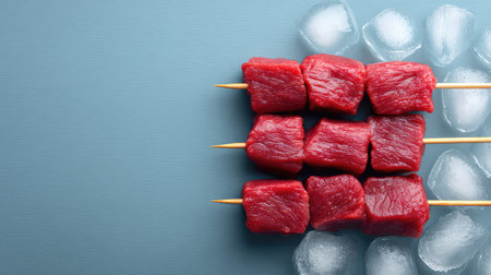 Arrangement of chilled raw meat skewers on ice in top-down view with clean background and spaceの素材