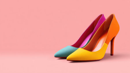 Brightly colored women's heels placed asymmetrically on soft pink background with spaceの素材