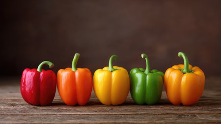 Bright and colorful bell peppers lined in a row on wood with clean space above for designの素材