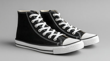 Canvas high-top shoes in black and white placed on grey background with room for copy spaceの素材