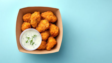 Chicken poppers with ranch dip in cardboard tray on pastel background and copy spaceの素材
