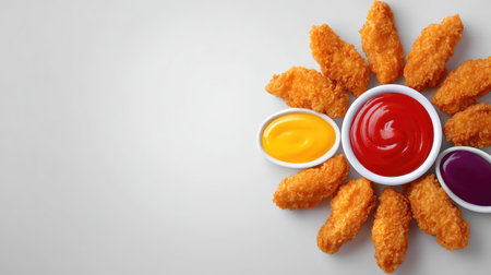 Chicken tenders with dipping sauces arranged in circle on white surface with layout roomの素材