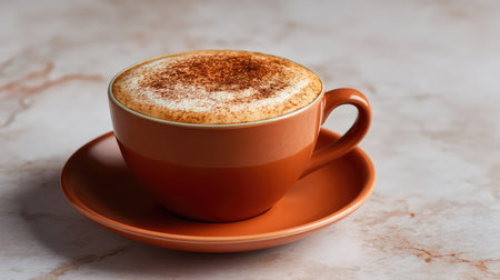 Ceramic cup with cappuccino and cinnamon powder on top on marble surface with copy space aroundの素材