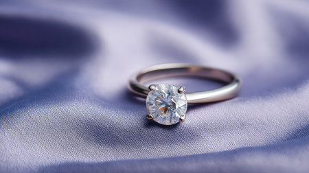 Classic solitaire engagement ring resting on a satin pillow with plenty of space for layoutの素材