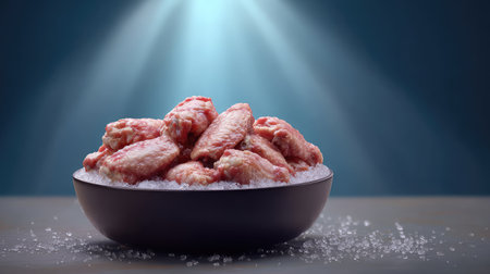 Chilled chicken wings layered in a bowl on ice with bright light and copy space on the sideの素材
